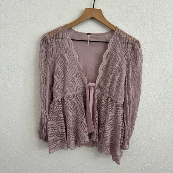 Free People Luisa Sheer Lace V-Neck Long Sleeve Babydoll Top Lavender Purple S - Picture 6 of 14